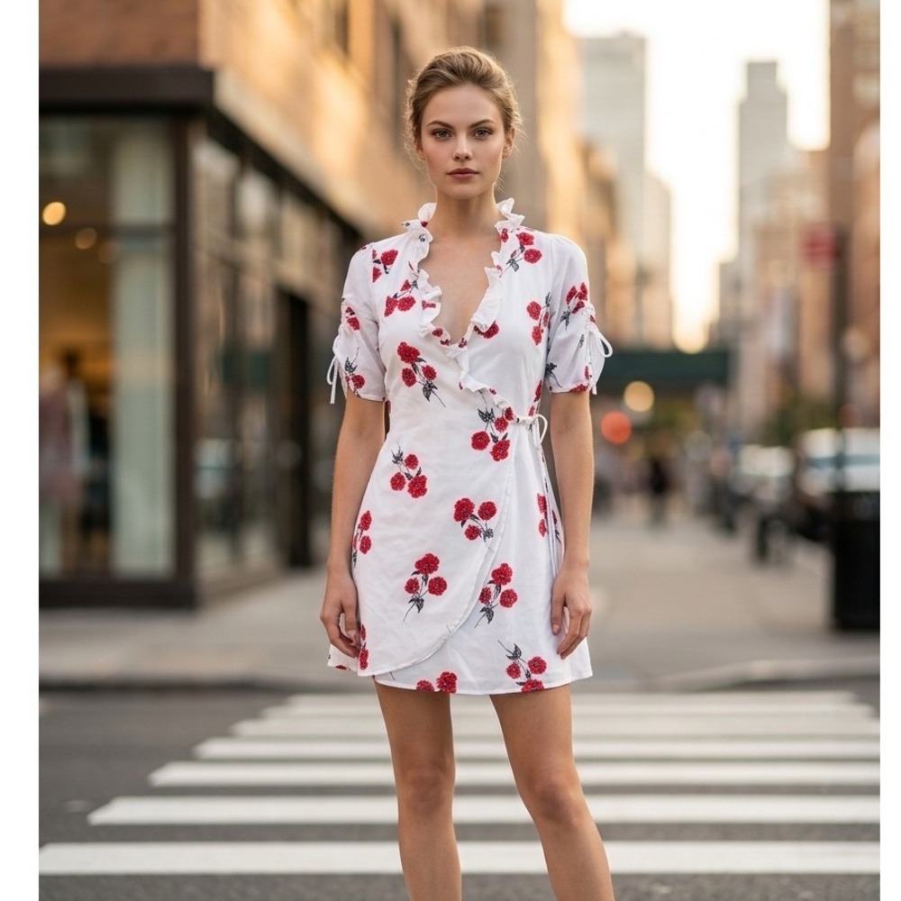 Amuse Society White Red Floral Ruffle Wrap Mini Dress Small AD06JSIM